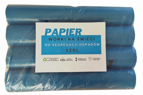 WORKI NA ŚMIECI 120L NIEBIESKIE NADRUK "PAPIER" 4 x  ROLKA 25 SZT