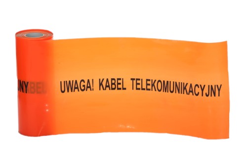 TAŚMA POMARAŃCZOWA SZER. 20 CM, NADRUK: UWAGA! KABEL TELEKOMUNIKACYJNY; ROLKA 250 MB