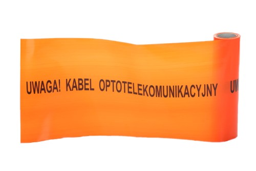 TAŚMA POMARAŃCZOWA, SZER. 20 CM, NADRUK: UWAGA! KABEL OPTOTELEKOMUNIKACYJNY, ROLKA 100 MB