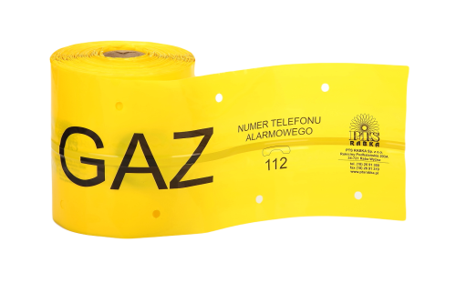 TAŚMA ŻÓŁTA SZER. 20 CM, Z WKŁADKĄ STALOWĄ, NADRUK "GAZ" ROLKA 100MB