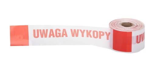 TAŚMA BIAŁO-CZERWONA, SZER.10 CM. NADRUK: UWAGA WYKOPY, ROLKA 100 MB