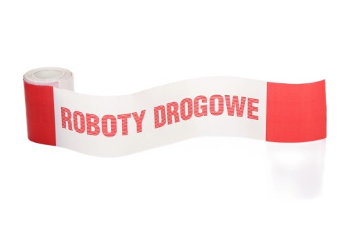 TAŚMA BIAŁO-CZERWONA, SZER.10 CM. NADRUK: ROBOTY DROGOWE ROLKA 100 MB