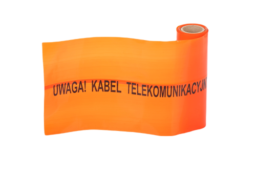 TAŚMA POMARAŃCZOWA Z METALEM, NADRUK: UWAGA - KABEL TELEKOMUNIKACYJNY SZER.20 CM. ROLKA 200MB