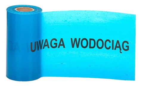 TAŚMA NIEBIESKA, SZER. 20 CM. NADRUK: UWAGA WODOCIĄG; ROLKI 100 MB.