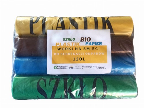 WORKI NA ŚMIECI 120L MIX DO SEGREGACJI Z NADRUKIEM 4 X ROLKA 25 SZT 