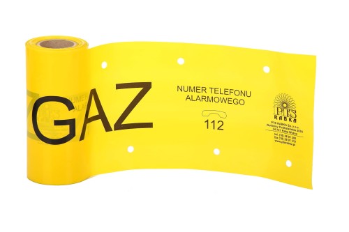 TAŚMA OSTRZEGAWCZA ŻÓŁTA SZER.20 CM; GR. 0,30 MM; NADRUK, ROLKI 100 MB